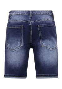 Donkerblauwe denimshorts met een middelhoog taille, twee achterzakken en een rechte snit met een zoomlijn boven de knie.
