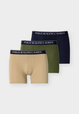 Trei perechi de boxeri: bej, verde măsliniu și bleumarin. Fiecare are o bandă neagră în talie cu sigla "POLO RALPH LAUREN". Textură netedă a țesăturii.