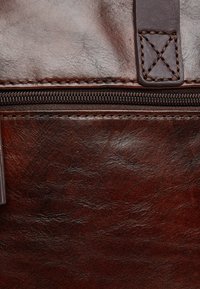 Brown leather bag section with a zip closure, featuring a smooth texture and subtle sheen, stitched accents, and a small attached tab.