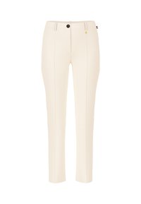 Cremfarbene, taillierte Hosen mit geradem Schnitt, ausgestattet mit zwei frontalen Taschen und einem einzelnen schwarzen Knopfverschluss. Glatte Textur, minimalistisches Design.