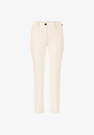 Cream-colored tailored trousers with a straight fit, featuring two front pockets and a single black button closure. Smooth texture, minimal design.