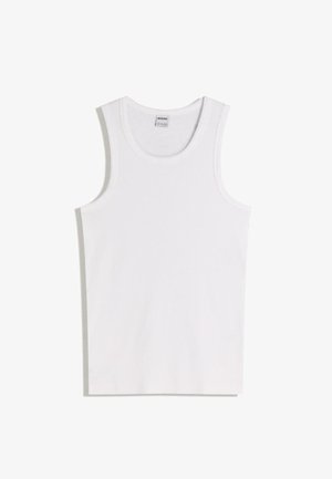 Bílý bavlněný top bez rukávů s kulatým výstřihem a širokými ramínky. Hladká textura, bez vzorů či zdobení, jednoduchý design.