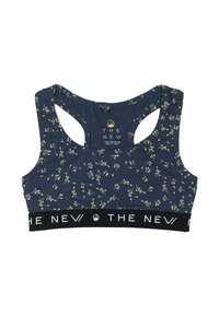 Marineblaue Blumen-Bralette mit Racerback-Design und schwarzem elastischem Band mit weißem Text. Weiches Material mit glatter Textur.