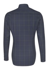 Camicia blu navy con motivo a griglia di colore verde chiaro. Maniche lunghe con polsini abbottonati e colletto classico. Tessuto dalla consistenza liscia.