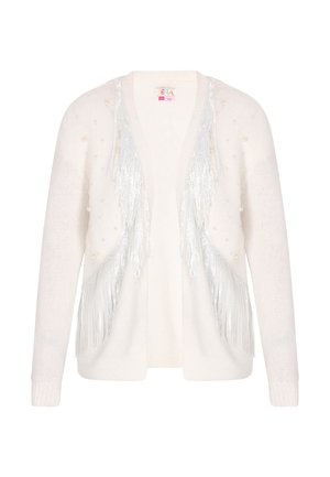 Hvid cardigan med glinsende sølvkvaster langs fronten og spredte pynt, der ligner perler. Blød tekstur, åben frontdesign.