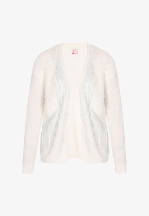 Weißer Cardigan mit schimmernden silbernen Fransen entlang der Vorderseite und verstreuten Verzierungen, die Perlen ähneln. Weiche Textur, offen gestaltete Vorderseite.