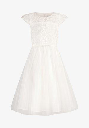 Abito bianco lungo al ginocchio con corpetto in rilievo floreale, maniche corte, vita aderente e gonna ampia in tulle.