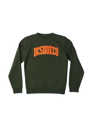 Sweatshirt vert en tissu doux, doté d'un col rond et de poignets côtelés, avec "DCSHOECO" brodé en orange vif sur la poitrine.