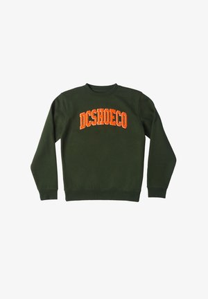 Grüner Pullover aus weichem Material, mit rundem Halsausschnitt und gerippten Bündchen, auf dem die Worte "DCSHOECO" in fetter orangefarbener Stickerei über die Brust gestickt sind.