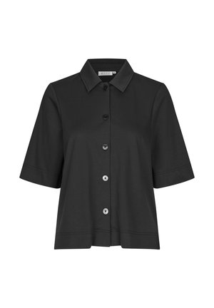 Zwarte kortgemouwde shirt met een kraag, voorzien van een knoopsluiting aan de voorkant en vijf ronde knopen, gemaakt van gladde stof.