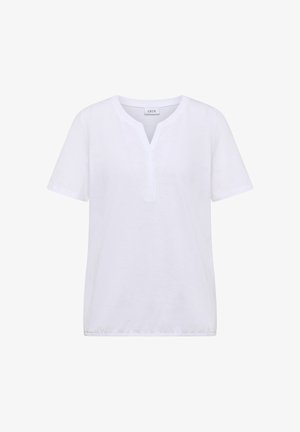 Blouse blanche à manches courtes avec encolure en V fendue et ourlet élastiqué, présentée sur un fond blanc.