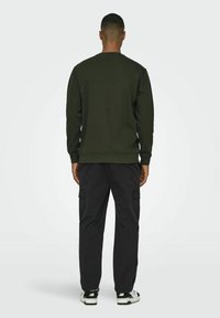Dark green sweatshirt with a crew neckline, paired with black cargo pants featuring side pockets and black sneakers. Plain design, textured fabric.