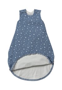 Blauer Babyschlafsack mit einem Sternmuster, runden Boden, Druckknopfverschluss an den Schultern und einer hellgrauen Innenauskleidung.