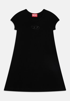 Juodas medvilninis trumpomis rankovėmis suknelė laisvu siluetu, su mažuoju reljefiniu "Diesel" logotipu ant krūtinės ir apvalia iškirpte.