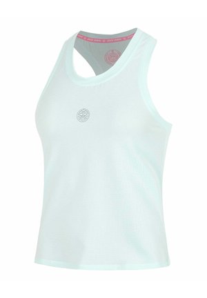 Weißes ärmelloses sportliches Tanktop aus Netzmaterial mit kleinem rundem Logo in der Mitte vorne, dargestellt vor weißem Hintergrund.