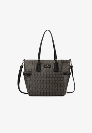 Borsa shopper grigio scuro con manici neri e tracolla staccabile, caratterizzata da un motivo logo ripetuto e una targhetta centrale del marchio con la scritta "Queen Helena".