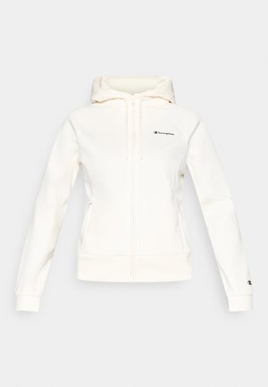 Biela mikina na zips s kapucňou, vyrobená z mäkkého materiálu. Má čierne logo na hrudi a na manžete, s rebrovaným lemom a manžetami.