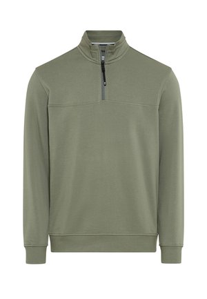 Olivengrøn langærmet pullover med kvart lynlås og ribstrikkede manchetter og kant.