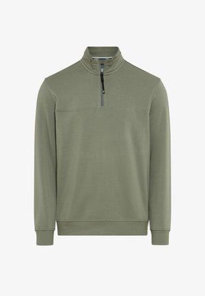 Pull-over vert olive à manches longues avec une fermeture éclair quart et des poignets et ourlet côtelés.