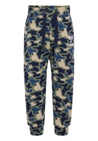 Camouflerende sweatpants in groen, blauw en beige. Kenmerken zijn een elastische tailleband met koord en geribbelde boorden. Logo aan de zijkant.