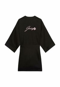 Melnas drēbes ar īsām piedurknēm, jostots viduklis un „Juicy” rozā izšuvums ar ziedu akcentu aizmugurē. Gluda tekstūra.