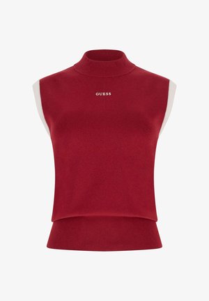 Ärmelloses rotes Stricktop mit hohem Ausschnitt und "GUESS"-Logo mittig auf der Brust. Gerippter Saum und Armausschnitte.