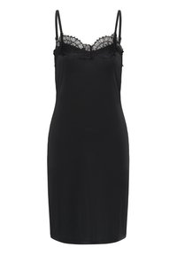 Robe nuisette noire sans manches avec bordure en dentelle à l’encolure et fines bretelles, présentée sur fond blanc uni.