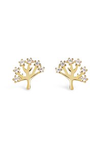 Orecchini d'oro a forma di albero con sei accenti di cristallo trasparente scintillante sui rami, caratterizzati da una finitura lucida e un design delicato.