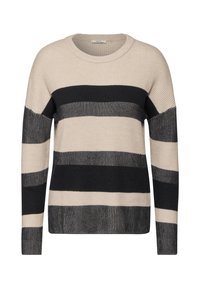 Maglione lavorato a maglia con ampie righe alternate in beige e grigio scuro, dalla texture a coste e colletto rotondo.