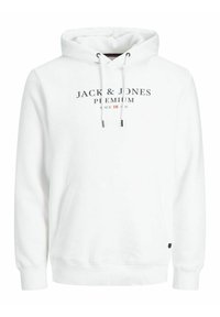 Weißer Hoodie aus Baumwollmischung, mit Kängurutasche, verstellbare Kapuze und bedrucktem Logo "JACK & JONES PREMIUM" auf der Vorderseite.