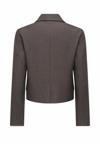 Blazer court marron foncé avec manches longues et col, vu de dos sur fond blanc.
