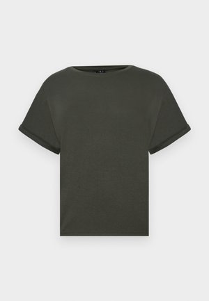 Olive green short-sleeve t-shirt made of soft fabric, featuring a round neckline and rolled cuffs. Straight cut with a simple design.