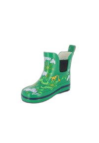 Groene rubberen regenlaars met dierenillustraties, een gestructureerd oppervlak, ronde neus en contrasterend zwart zijpaneel.