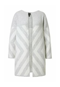 Grijs en witte cardigan met zigzagpatroon, gemaakt van zachte stof, met een open voorkant, lange mouwen en een ronde halslijn.