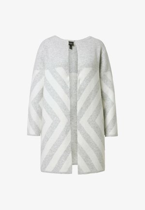 Grey and white chevron-patterned cardigan made of soft fabric, featuring an open front, long sleeves, and a rounded neckline.