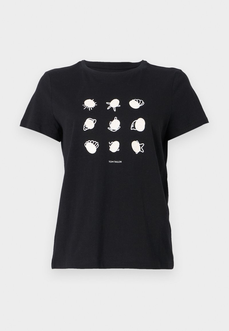 Schwarzes Baumwoll-T-Shirt mit weißen Druckillustrationen von Muscheln und Meereslebewesen, die in einem Raster angeordnet sind, mit rundem Halsausschnitt und kurzen Ärmeln.