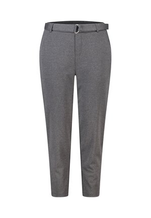 Grijze op maat gemaakte broeken met een soepele textuur, featuring een smalle silhouet, bijpassende riem en een subtiel patroon.