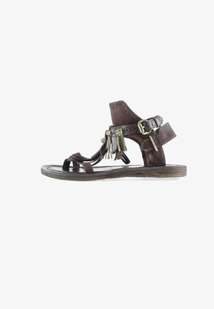 Sandalia plana de cuero marrón con correa en el tobillo, hebilla dorada y flecos decorativos dorados en las áreas del dedo y del tobillo.