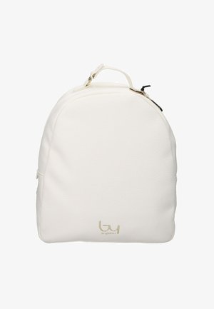 White textured backpack with a top handle, gold zipper, and small gold logo detail at the bottom center.