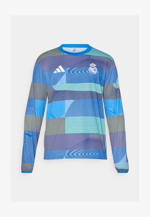 Hosszú ujjú sportmez, kék és zöld geometrikus mintával, könnyű anyagból készült, bordás kék gallérral és Adidas logóval.