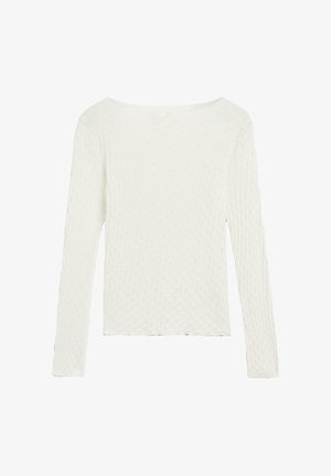 Witte lange mouwen top met een gestructureerd, geribbeld patroon, wijde halslijn en onbewerkte zoom. Gemaakt van lichte stof, wat zorgt voor een ontspannen pasvorm.