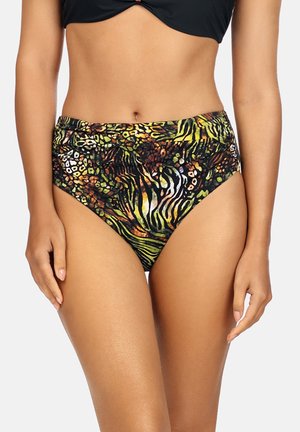 Bikini o wysokim stanie z wielokolorowym wzorem zwierzęcym w odcieniach zieleni, żółci i czerni. Gładki materiał o elastycznym, dopasowanym kroju.