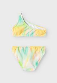 Bikini-set med en axel som har ett flerfärgat pastellfärgat tie-dye-mönster, tillverkat av mjuk stretchtyg, med en matchande bikiniunderdel.
