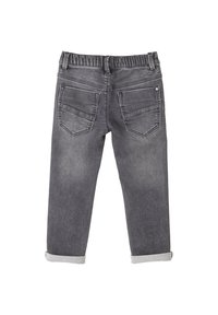 Grijze denim jeans met een elastische tailleband, twee achterzakken en opgerolde uiteinden. Het materiaal heeft een zachte textuur en een vervaagde afwerking.