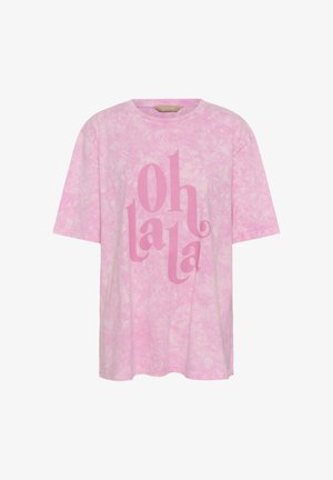 T-shirt oversize à manches courtes tie-dye rose avec "oh la la" en grandes lettres stylisées roses sur le devant.