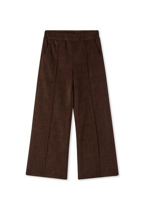 Pantaloni a gamba larga marroni con un motivo testurizzato, dotati di una vita alta e due tasche laterali. Realizzati in un tessuto morbido e resistente.