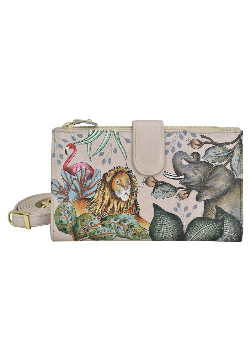 Bloemmotief portemonnee in zacht beige, met een leeuw, olifant en flamingo, omringd door groene bladeren en een afneembare band. Rits sluiting.