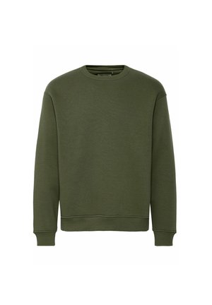Sudadera verde oliva hecha de un tejido suave y texturizado. Cuenta con un escote redondo, mangas largas y puños y bajo acanalados. Diseño sencillo.