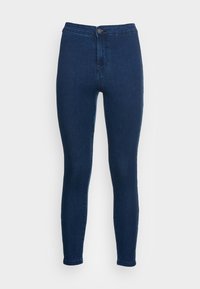 Jeans slim a vita alta in denim blu scuro. Presentano una chiusura frontale con bottone e cuciture pulite; nessuna tasca visibile sul davanti.