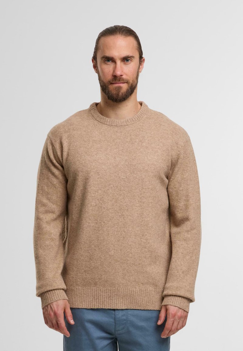 Maglione beige lavorato a maglia con scollatura rotonda, polsini e orlo a costine. Realizzato in materiale morbido, leggero e con una texture liscia.